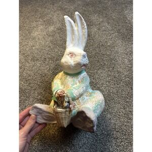 Vintage Easter Paper Mache Bunny Rabbit with basket Of‎ Flowers